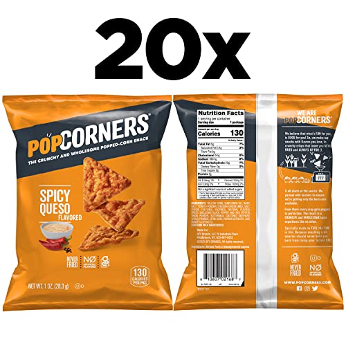 PopCorners Popped Corn Snacks, Spicy Queso, 1oz Bags, (20 Pack