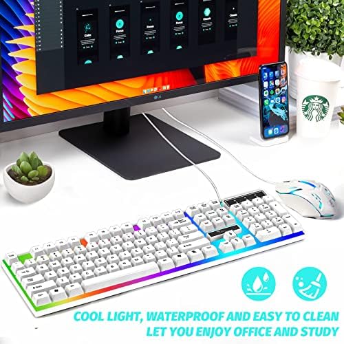 SKY-TOUCH G21 Computer Gaming Keyboard and Mouse Combo :Keyboard with Flexible Polychromatic LED Lights Mechanical Feel Wired USB Working Keyboard Mouse Set for Windows Computer(White)