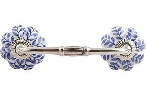 Indian Shelf 1 Pack Ceramic Blue Drawer Pulls Floral Vintage Kitchen Cabinet Handles Silver Hardware 4" Hole to Hole Dresser Door Handle -BH-104-MCK-07