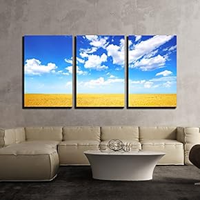 3 Piece Canvas Wall Art - Wheat Field and Blue Sky with Clouds - Modern Home Art Stretched and Framed Ready to Hang - 16"x24"x3 Panels