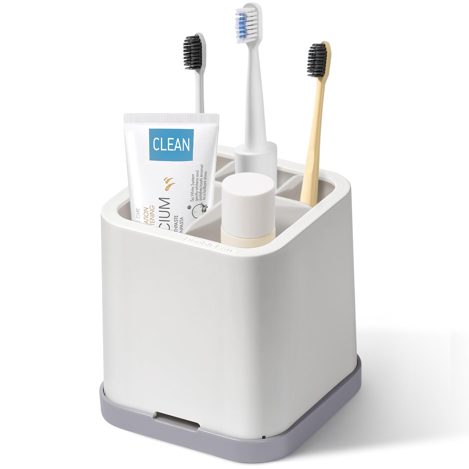 DoubleCare White Toothbrush Holder for Bathroom Detachable for Easy Clean 5 Slots Electric Toothbrush & Toothpaste Caddy for Family & Kids on Bathroom Vanity, Sink, and countertop (YJ-01)