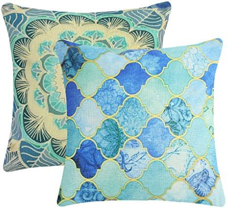 JINBEILE Retro Throw Pillow Covers Blue Mandala Moroccan Quatrefoil Lattice Pillow Case Cotton Linen Geometry Decorative Cushion Case for Sofa Bedroom Car Chair 18 x 18 Inch
