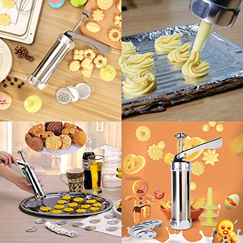 Cookie Press Gun Kit, Stainless Steel Biscuit Maker Cookies Press DIY Baking Decoration Supplies for Cookies Cake Cheese Dessert Decorative Tools with 20 Discs and 4 Icing Tips Cookie Maker Press