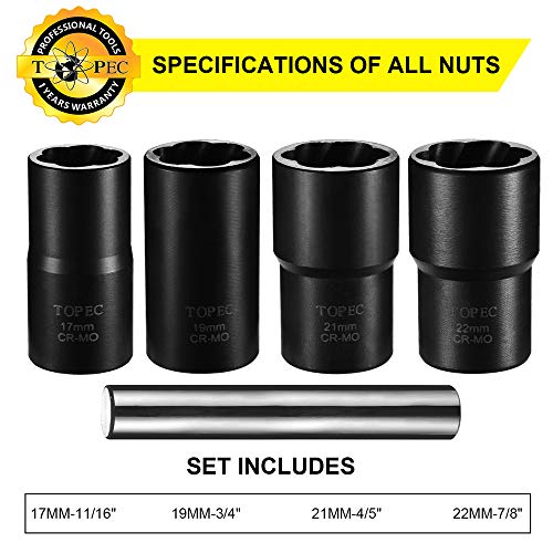 Topec Twist Socket Set Lug Nut Remover Extractor Tool - 5 Piece Metric Bolt and Lug Nut Extractor Socket Tools