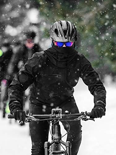 Black fleece balaclava with adjustable neck for winter use.