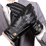 Mens Touchscreen Texting Winter PU Leather Gloves Driving Outdoor Long Fleece Lining (8, Black)