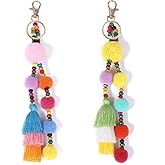 I-BOSOM Colorful Keychains Boho Pom Pom Tassel Bag Decorations Charm Wristlet Bracelet Keyring for Women
