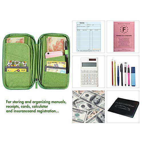 UBAYMAX Glove Box Console Organizer with 12 Pockets, Zipper Car Vehicle OCD Document Holder Case Armrest Storage Wallet for Owners Manual Car Registration Insurance Card Tire Gauge Changes (Green) - Thumbnail 6