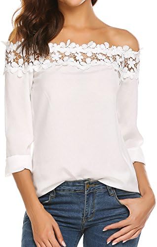 COSBEAUTY Womens Casual Lace Patchwork Long Sleeve Off Shoulder Chiffon Tops Blouse (Large, White)