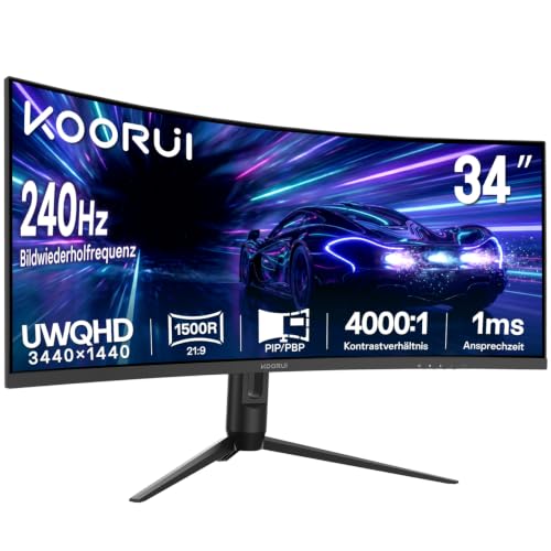 KOORUI 34 Zoll Curved Ultrawide Gaming Monitor,WQHD 240Hz für PC Bildschirm,1500R Krümmung, Adaptive Sync, HDR400, höhenverstellbarer Standfuß (110mm), Pip/PBP