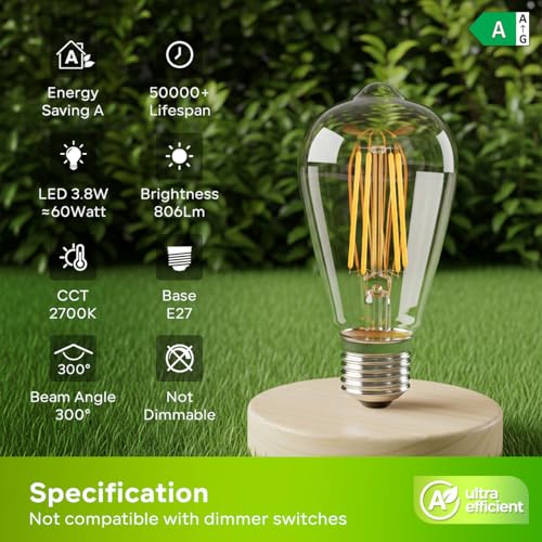 LVWIT E27 LED Bulbs Warm Light 2700K,Vintage Style ST64 LED Filament Bulb,3.8W Equivalent to 60W,806 LM,Ultra Efficient Class A Filament Bulbs,Energy Saving,Non-Dimmable,6U