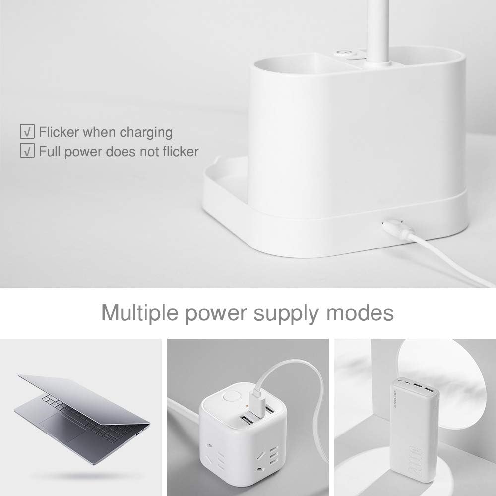 LED Small Desk Lamp for Home Office with USB Charging Port Pen Holder Gooseneck Adjustable Reading Light 3 Color Modes Stepless Dimming Touch Table Lamp for Bedroom Bedside Desktop Study Work Room - - 