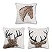 baibu Deer Cotton Linen Cushion Cover Beige Pattern Throw Pillow Cover with Faux Leather and Fur Applique
