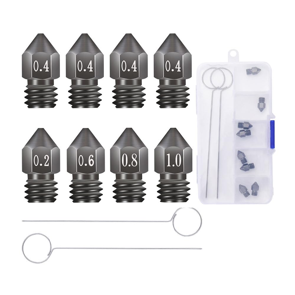 Photo 1 of Creality 8pcs 3D Printer Hardened Steel MK8 Nozzles, Upgraded Tungsten Metal Extruder Nozzles 0.2mm, 0.4mm, 0.6mm, 0.8mm, 1.0mm with DIY Tools Storage Box for Creality Ender 3 Ender 3 V2 Sovol SV06