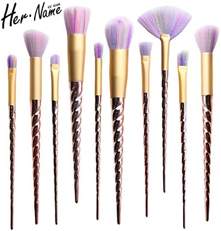 Hername Premium Makeup Brushes Spiral Eyeshadow Unicorn Make Up Brush Set Professional Foundation Blending Blush Eyeliner Face Powder Cream Blush Cosmetic Tools Kits （10pcs，Gold）