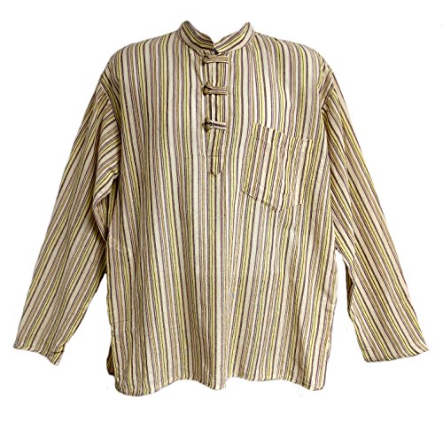 Siddartha Mens Tunic Handloomed Cotton 3-Wooden Button Loop Closure, Mandarin Collar (Small/Medium, Cream Stripes)