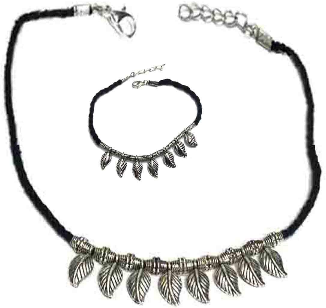 Gurjai Black Oxidized Silver Thread Leaf Hanging Anklet for Women
