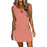 Womens Summer Causal Loose Sleeveless Crew Neck Drawstring Waist Mini Short Dress with Pockets