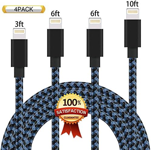 XIANDAN iPhone Cable 4Pack 3FT 6FT 6FT 10FT Nylon Braided Certified Lightning to USB iPhone Charger Cord for iPhone X 8 7 Plus 6S 6 SE 5S 5C 5, iPad 2 3 4 Mini Air Pro, iPod Nano 7 Black Blue