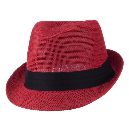 Pleated Hat Band Straw Fedora Hat - Red OSFM