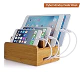 Bamboo Charging Station, Upow 4-Port USB Multi-device Cords organizer and Smart IC Tech Fast Charge for iPhones, iPad, Smasung Galaxy, Nexus and More Phones and Tablets (Bamboo)