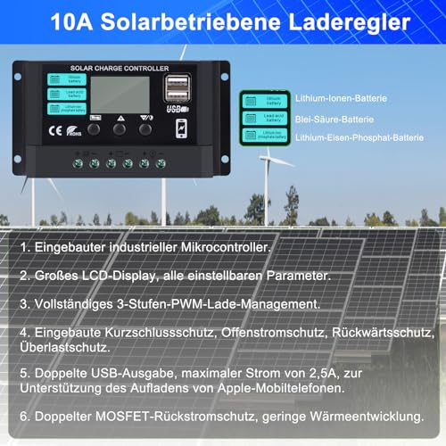 【50W Solar Panel 12V Kit】DERUXI 50Watt Monocrystalline Solar Panels Set: 50W 12V Solar Panel + 10A PWM Charge Regulator, 4 Pcs Solar Cable, Solar Panel Camping Car Roofs Boat