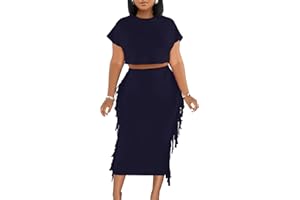 LYANER Women's 2 Piece Outfits Crew Neck Fringe Short Sleeve Crop Top and Tassel Trim Bodycon Midi Skirt Set