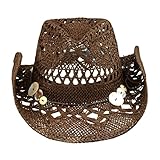 Brown Boho Hip Cowgirl Hat, Lace-Look Straw w/ Raffia Band - Shapeable Brim