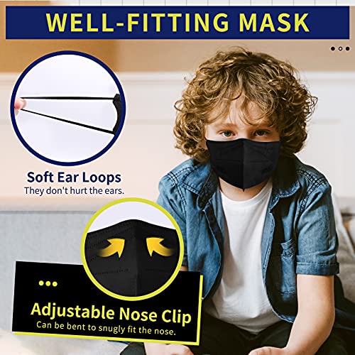 M95c Kid Face Mask, 5 Layer Efficiency≥95% Breathable Black Mask Small Size Design for Children, Protective Soft Disposable Mask with Comfortable Ear Loop Made in USA - 5PCS