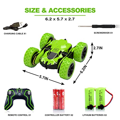 Remote Control Car, AEROQUEST RC Cars Stunt Car Toy, 4WD 2.4Ghz Double Sided 360° Rotating RC Car with Headlights, Kids Xmas Gift Toy Cars for Boys/Girls Ages 6+ (Green)