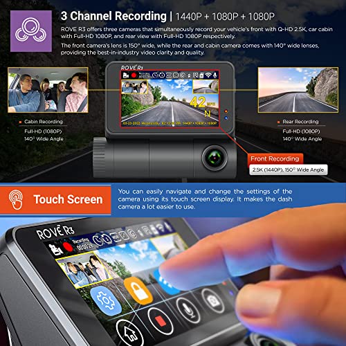Rove R3 Dash Cam, 3” IPS Touch Screen, 3 Channel Dash Cam Front and
