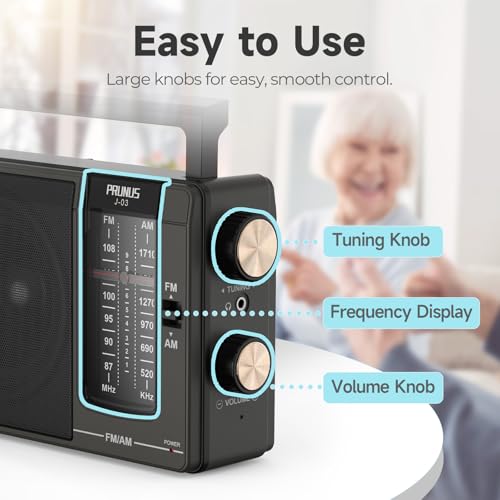 PRUNUS J-03 AM FM Radio Portable Plug in Wall or AA Battery Operated for Home/Outdoor, Large Speaker Excellent Sound, Excellent Reception 19.5 ant, Large Tuning Knobs for Easy to Use,Gifts for Seniors