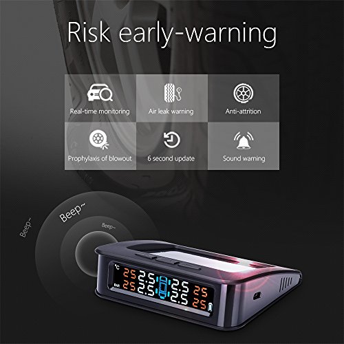 Jansite TPMS Tire Pressure Gauge Monitoring System Solar Support, Universal Wireless with 4 DIY External Sensors, Real-time Displays 4 Tires' Pressure and Temperature
