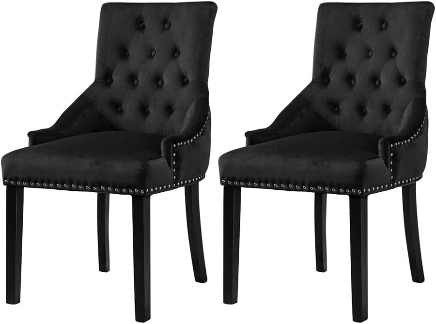 BOJU Set of 2 Black Tufted Fabric Studded Dining Chairs with Arms
