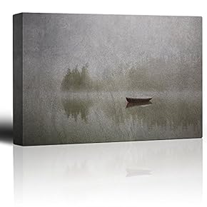 Reflection of a Lone Boat Floating on a Lake - Canvas Art Home Art - 12x18 inches