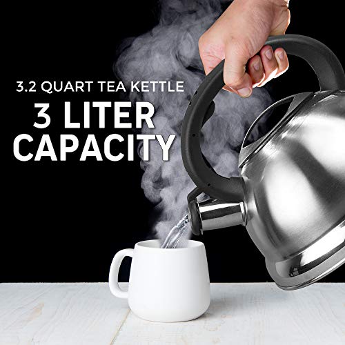 WHISTLING STAINLESS STEEL TEA KETTLE WITH SOFT GRIP HANDLE BY AMERICAN DREAM- STOVETOP POT (3.2 QT, Stainless Steel)