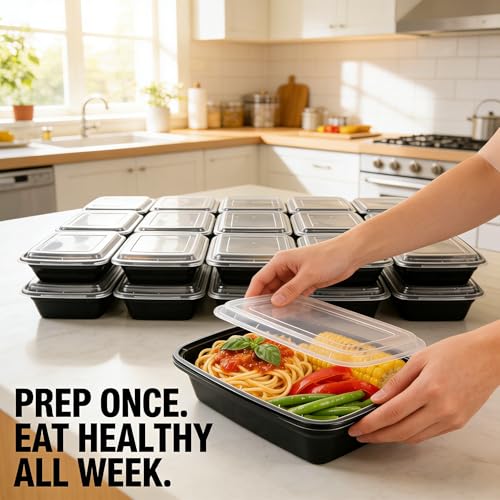 KUMD 40-Piece Set (20-Pack) 32oz Meal Prep Containers with Lids - Reusable 1 Compartment Food Storage & Freezer Containers, Microwave/Dishwasher Safe, BPA Free