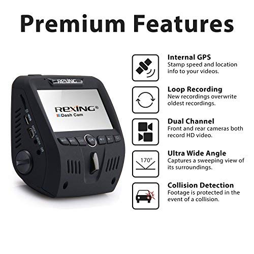 Rexing V1LG Dual Channel Car Dash Cam FHD 1080p 170° Wide Angle Dashboard Camera Recorder with HD Rear Camera, Built-in GPS Logger, G-Sensor, WDR, Loop Recording