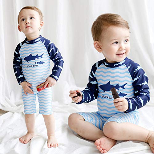 Little Boys Long Sleeve Sun Protection One-Piece Swimsuit Baby Toddler Boys Rash Guard Set Kids Round Neck Swimwear Blue