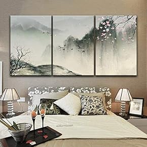 3 Panel Canvas Wall Art - Chinese Ink Painting Style Landscape with Mountains and Cherry Blossom in Spring - Giclee Print Gallery Wrap Modern Home Art Ready to Hang - 16"x24" x 3 Panels