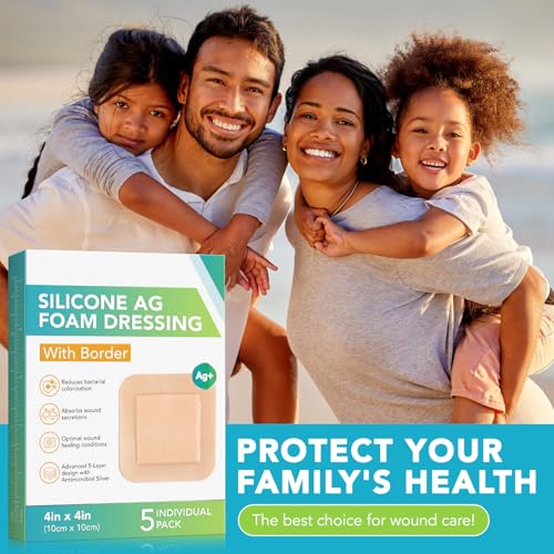 Silicone Border Silver Foam Dressing (4"x4") - 5 Pack | Antimicrobial Wound Care with Ag+ Technology | Absorbent, Water-Resistant & Skin | OTC Medical Foam Dressing