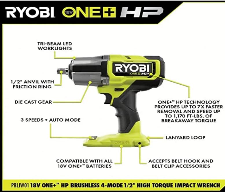 RYOBI ONE+ HP 18V Brushless Cordless 1/2 in. High Torque Impact Wrench - 4-Mode Tool Only