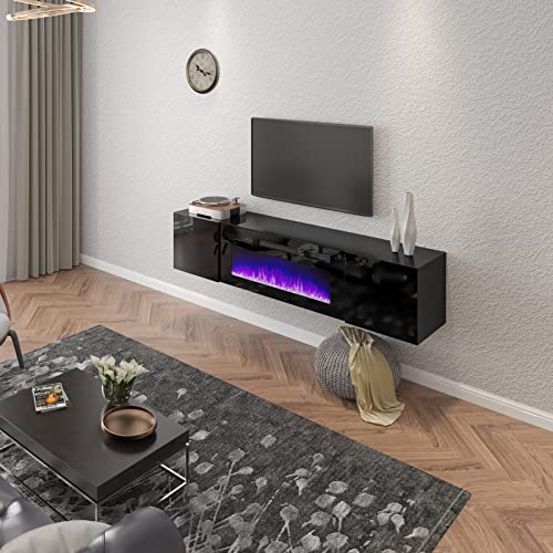 AMERLIFE Floating TV Stand with 36" Electric Fireplace, High Gloss