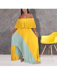 IyMoo Vestido largo de gasa con hombros descubiertos, con pliegues, para mujer