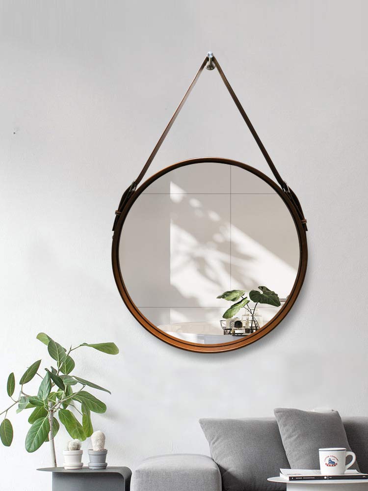 Hosoncovy PU Leather Wall Round Mirror Hanging Decorative Mirror with Strap Makeup Mirror Vanity Mirror for Bathroom Living Room Bedroom (Brown)