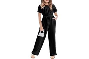 Cudtum Girls Jumpsuit Kids Fashion Short Sleeve Round Neck Belted Wide Leg Romper One Piece Outfits for 5-14 Years