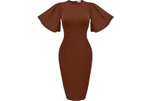 Memoriesea Women's Basic Bodycon Ruffle Flared Short Sleeve Pencil Midi Dress