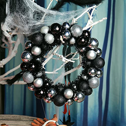 HAKACC Halloween Ball Wreath,13 Inches Black and Silver Halloween Ornament Garland Decoration for Festival Celebration Door Window Wall Home Theme Party Decoration