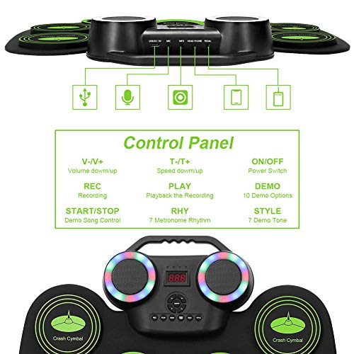 VOLADOR Electronic Drum Set, 9 Pads Roll Up Electric Drum Kit With Bluetooth, 2 Built-in Speaker, Headphone Jack, Portable Digital Midi Practice Drum Pad for Kids Beginners