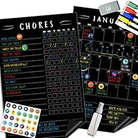 Magnetic Behavior Chalkboard Rewards Chore Chart Set - Multiple Kid Chore Chart System w/Reusable Monthly Calendar, Responsibility Magnets & Dry Erase Refrigerator Reward Incentive - 17" x 11"